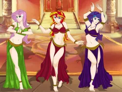 Size: 2252x1701 | Tagged: anklet, armlet, armpits, artist:anonix123, barefoot, bedroom eyes, belly, belly button, belly dancer, belly dancer outfit, blushing, bracelet, breasts, cleavage, cutie mark accessory, dancing, derpibooru import, eyeshadow, feet, female, fluttershy, hairpin, harem outfit, human, humanized, jewelry, legs, loincloth, makeup, midriff, pose, rarity, safe, sexy, smiling, stupid sexy fluttershy, stupid sexy rarity, stupid sexy sunset shimmer, sunset shimmer, throne room
