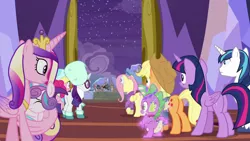 Size: 1280x720 | Tagged: safe, derpibooru import, screencap, applejack, discord, fluttershy, pinkie pie, princess cadance, princess flurry heart, rainbow dash, rarity, shining armor, spike, twilight sparkle, twilight sparkle (alicorn), alicorn, dragon, earth pony, pegasus, pony, unicorn, best gift ever, bedazzled, clothes, door, earmuffs, female, filly, foal, hat, male, mane seven, mane six, mare, night, stallion, sweater, wing hold, winged spike