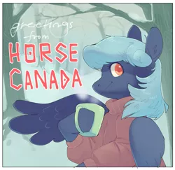 Size: 1067x1035 | Tagged: safe, artist:amphoera, derpibooru import, oc, oc:cold snap, unofficial characters only, pegasus, pony, canada, clothes, forest, mug, solo, sweater, text