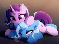Size: 3333x2493 | Tagged: suggestive, artist:magnaluna, derpibooru import, starlight glimmer, trixie, pony, unicorn, adorasexy, biting, cheek fluff, cute, daaaaaaaaaaaw, diatrixes, dripping, drool, drool string, ear bite, ear fluff, eyelashes, eyes rolling back, female, floating heart, fluffy, glimmerbetes, heart, heavy breathing, high res, hnnng, horn, lesbian, lidded eyes, lying on top of someone, mare, nom, on the floor, one eye closed, onomatopoeia, open mouth, prone, saliva puddle, salivating, sexy, shipping, startrix
