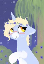 Size: 940x1380 | Tagged: safe, artist:nootaz, derpibooru import, oc, oc:nootaz, unofficial characters only, pony, unicorn, blushing, cute, female, floppy ears, floral head wreath, flower, freckles, mare, night, nootabetes, periwinkle (flower), raised hoof, remake, smiling, solo, tree