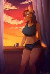 Size: 2145x3145 | Tagged: suggestive, artist:hakkids2, derpibooru import, edit, editor:liggliluff, oc, oc:sweet voltage, unofficial characters only, anthro, unicorn, anthro oc, belly button, bra, breasts, cleavage, clothes, coffee mug, curtains, ear piercing, earring, female, frilly underwear, goggles, jewelry, lingerie, mare, midriff, mug, panties, piercing, purple underwear, solo, solo female, sports bra, sunrise, underwear, wardrobe malfunction, window