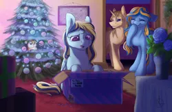 Size: 1995x1305 | Tagged: safe, artist:klarapl, derpibooru import, oc, unofficial characters only, pegasus, pony, unicorn, box, chest fluff, christmas, christmas tree, empty, eyes closed, female, filly, floppy ears, freckles, giggling, hiding, holiday, male, mare, open mouth, sad, sitting, stallion, tree