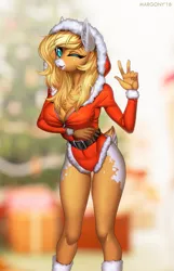 Size: 839x1300 | Tagged: suggestive, artist:margony, derpibooru import, oc, oc:nature song, unofficial characters only, anthro, deer, deer pony, original species, :p, anthro oc, blurred background, breasts, christmas, cleavage, clothes, costume, ear fluff, female, holiday, looking at you, one eye closed, santa costume, sexy, sexy santa costume, silly, solo, solo female, tongue out, victory sign, wink