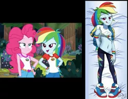 Size: 593x458 | Tagged: suggestive, artist:horsecat, artist:luckreza8, derpibooru import, edit, edited screencap, screencap, pinkie pie, rainbow dash, equestria girls, legend of everfree, belly button, black background, body pillow, body pillow design, breasts, clothes, converse, everfree forest, female, fetish, leggings, midriff, pants, pants down, shirt, shirt lift, shoes, signature, simple background, sneakers, sneakers fetish, solo, solo female, stripping, tongue out, underboob