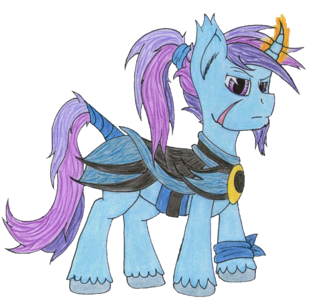 Size: 1084x1059 | Tagged: safe, artist:the1king, derpibooru import, oc, oc:azure night, unofficial characters only, alicorn, pony, 2019 community collab, derpibooru community collaboration, armor, clothes, facial hair, glowing horn, horn, magic, magic aura, raised eyebrow, scar, simple background, solo, traditional art, transparent background