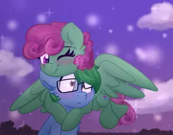 Size: 2560x2000 | Tagged: safe, artist:littleblackraencloud, derpibooru import, oc, oc:software patch, oc:windcatcher, unofficial characters only, earth pony, pegasus, pony, blushing, commission, female, glasses, hug, male, mare, night, stallion, stars, windpatch