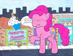 Size: 2196x1694 | Tagged: safe, artist:jamestkelley, derpibooru import, pinkie pie, earth pony, pony, alleyway, angry, baker, bakery, bite mark, boutique, city, cityscape, cupcake, eating, electricity, food, giant pony, macro, manehattan, sparks, store display