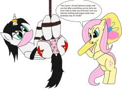 Size: 1410x1026 | Tagged: suggestive, artist:demonangeltheo, derpibooru import, fluttershy, oc, oc:eaststern, pony, bondage, bound wings, cloth gag, clothes, dock, gag, horn, horn ring, humiliation, magic suppression, paddle, panties, pink underwear, ring, rope, rope bondage, spanking, suspended, suspension bondage, underwear, wings