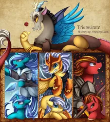 Size: 2990x3301 | Tagged: safe, artist:pridark, derpibooru import, discord, oc, draconequus, earth pony, pegasus, pony, unicorn, fanfic, fanfic:triumvirate, armor, clothes, cover art, dice, electricity, fanfic art, fanfic cover, fire, ice, open mouth