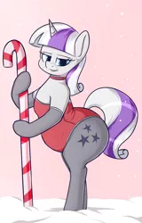 Size: 1920x3000 | Tagged: suggestive, artist:andelai, derpibooru import, twilight velvet, pony, semi-anthro, unicorn, bedroom eyes, bipedal, candy, candy cane, choker, christmas, chubby, clothes, fat, female, food, holiday, image, leotard, looking at you, mare, milf, plump, png, smiling, solo, solo female, twilard velvet