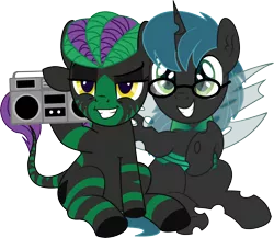 Size: 5442x4724 | Tagged: safe, artist:cyanlightning, derpibooru import, oc, oc:acid drive, oc:stratamax, unofficial characters only, changeling, pony, unicorn, 2019 community collab, derpibooru community collaboration, .svg available, absurd resolution, boombox, duo, glasses, jewelry, male, necklace, open mouth, simple background, sitting, smiling, smug, spread wings, stallion, transparent background, vector, wings