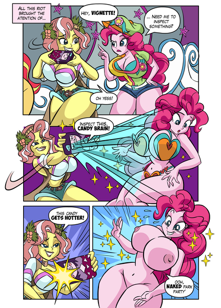 Size: 1833x2554 | Tagged: questionable, artist:art-2u, derpibooru import, pinkie pie, vignette valencia, comic:vignette's hot phone, equestria girls, areola, assisted exposure, big breasts, bra, breasts, busty pinkie pie, busty vignette valencia, clothed female nude female, clothes, colored, comic, curvy, duo, duo female, female, hourglass figure, huge breasts, image, jpeg, magic abuse, mobile phone, nipples, nudity, panties, phone, pinkie thighs, ponk, practitioner of naturism, shorts, smartphone, speech bubble, stripped by magic, thick, thighs, thunder thighs, underwear, vignette hot phone, wide hips