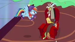 Size: 1280x720 | Tagged: safe, derpibooru import, screencap, discord, rainbow dash, draconequus, pegasus, pony, best gift ever, armchair, clothes, duo, eating, female, flying, food, hat, male, mare, popcorn, raised eyebrow, scarf