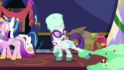 Size: 1280x720 | Tagged: safe, derpibooru import, screencap, princess cadance, princess flurry heart, rarity, shining armor, alicorn, pony, unicorn, best gift ever, candy, candy cane, female, food, glasses, hat, male, mare, pudding, puddinghead's pudding, raised hoof, stallion, tentacles