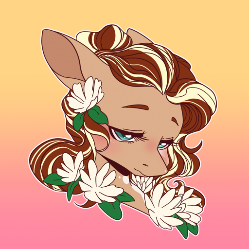 Size: 512x512 | Tagged: artist needed, safe, derpibooru import, oc, unofficial characters only, earth pony, pony, bust, eyebrows, female, flower, flower in hair, gradient background, lidded eyes, mare, portrait, solo, three quarter view