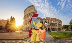 Size: 1024x614 | Tagged: safe, artist:cozmo312bb, derpibooru import, flash magnus, pegasus, pony, colosseum, irl, male, netitus, one eye closed, photo, ponies in real life, rome, shield, wink
