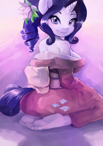 Size: 2480x3508 | Tagged: adorasexy, alternate hairstyle, anthro, artist:dozer, barefoot, breasts, busty rarity, clothes, cute, derpibooru import, feet, female, flower, flower in hair, kimono (clothing), kneeling, looking at you, looking back, off shoulder, plantigrade anthro, raribetes, rarity, safe, sexy, smiling, soles, solo, toes