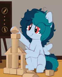 Size: 1094x1344 | Tagged: safe, artist:shinodage, derpibooru import, oc, oc:delta vee, unofficial characters only, pegasus, pony, blocks, building blocks, chest fluff, cute, diaveetes, female, filly, hoof hold, messy mane, ocbetes, playing, shinodage is trying to murder us, sitting, smiling, solo, spread wings, wings, younger