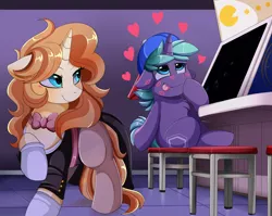 Size: 2950x2350 | Tagged: safe, artist:pridark, derpibooru import, oc, oc:pallet, oc:peachy cream, unofficial characters only, pony, unicorn, arcade, backwards ballcap, baseball cap, cap, chest fluff, clothes, commission, cutie mark, female, hat, heart, kiss mark, leotard, lipstick, magician outfit, male, mare, namco, oc x oc, pac-man, shipping, sitting, smiling, stallion, stool, straight, tongue out