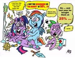 Size: 1280x995 | Tagged: safe, artist:grotezco, derpibooru import, rainbow dash, spike, twilight sparkle, twilight sparkle (alicorn), alicorn, dragon, pegasus, pony, bandage, black friday, book, broken teeth, circling stars, concerned, dialogue, dizzy, first aid kit, holiday special, kneeling, lying down, mace, medicine, missing teeth, nerd, shopping, silly, simple background, sword, teary eyes, that pony sure does love books, walking away, weapon, white background