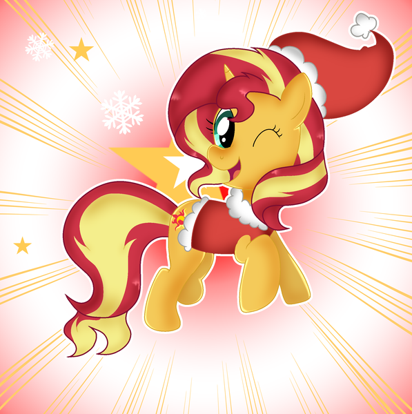 Size: 2078x2090 | Tagged: safe, artist:doraeartdreams-aspy, derpibooru import, sunset shimmer, pony, unicorn, abstract background, christmas, clothes, costume, cute, holiday, one eye closed, santa costume, shimmerbetes, solo, wink