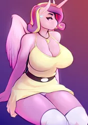 Size: 2480x3507 | Tagged: alicorn, anthro, artist:makku, bedroom eyes, belt, big breasts, blushing, breasts, busty princess cadance, cleavage, clothes, dead source, derpibooru import, dress, ear piercing, earring, female, full service playing cards, gradient background, huge breasts, jewelry, knee high socks, looking at you, milf, necklace, panties, piercing, pink underwear, princess cadance, skirt, skirt lift, socks, solo, solo female, suggestive, thigh highs, underwear, upskirt