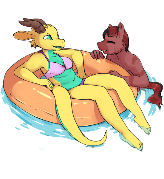 Size: 2750x3000 | Tagged: anthro, anthro oc, artist:rainbowsprinklesart, bikini, clothes, derpibooru import, dragon, dragoness, eyes closed, female, hybrid, inner tube, oc, oc:mallac, safe, smiling, swimsuit, unofficial characters only, water, wet, wet mane, zony