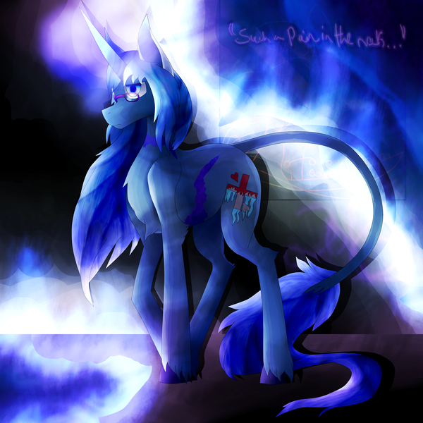 Size: 5800x5800 | Tagged: safe, artist:florarena-kitasatina/dragonborne fox, derpibooru import, ponified, pony, unicorn, a bajillion light sources, absurd resolution, all the blue, augmented, conjuring, crossover, crystal barrier, dat mane tho, dialogue, frost, glasses, head tilt, ice, ice cold eyes, kyoko (suguri), leonine tail, scar, signature, simple background, so much blue, solo, unshorn fetlocks, watermark