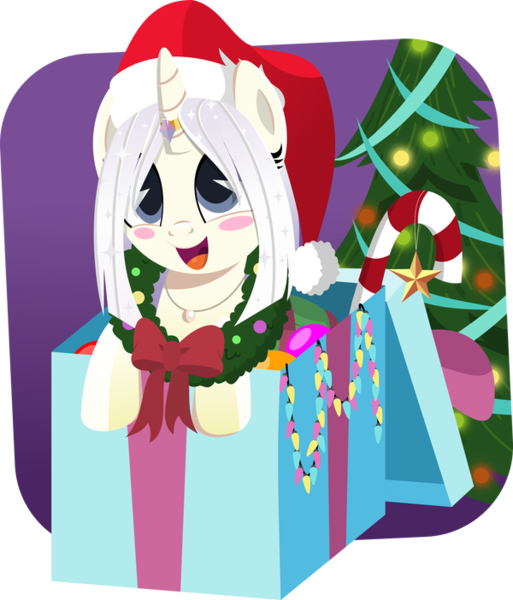 Size: 600x702 | Tagged: safe, artist:jhayarr23, derpibooru import, oc, oc:pearl blush, pony, unicorn, blush sticker, blushing, box, candy, candy cane, christmas, christmas tree, cute, female, food, hat, holiday, horn, horn ring, jewelry, necklace, ocbetes, pearl, pony in a box, present, ring, santa hat, simple background, transparent background, tree, wreath