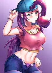 Size: 800x1120 | Tagged: alternate hairstyle, anime, artist:tzc, backwards ballcap, baseball cap, belly button, blue eyes, blushing, breasts, bubblegum, busty rarity, cap, clothes, denim shorts, derpibooru import, disguise, female, food, friendship university, gum, hat, human, humanized, midriff, nail polish, open fly, panties, plainity, purple underwear, rarity, sexy, shorts, solo, solo female, suggestive, tanktop, unbuttoned, underwear