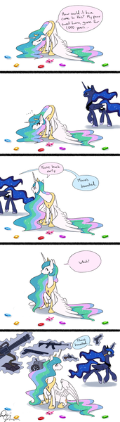 Size: 2000x7000 | Tagged: safe, artist:tadpoledraws, derpibooru import, princess celestia, princess luna, pony, ..., :o, assault rifle, cannon, comic, dialogue, element of generosity, element of honesty, element of kindness, element of laughter, element of loyalty, element of magic, elements of harmony, eyes closed, floppy ears, frown, funny, goggles, google, gun, levitation, lidded eyes, looking back, looking down, machine gun, magic, meme, minigun, moon's haunted, open mouth, question mark, raised hoof, rifle, sad, sadlestia, serious sam, shotgun, simple background, sitting, speech bubble, spread wings, surprised, telekinesis, text, trotting, walking, weapon, white background, wide eyes, wing fluff, wings