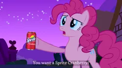 Size: 1280x720 | Tagged: safe, derpibooru import, edit, edited screencap, screencap, pinkie pie, pony, meme, pixel art, sprite, sprite cranberry, text