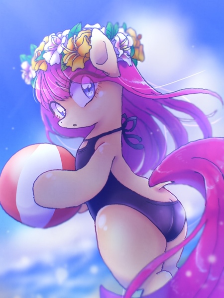 Size: 768x1024 | Tagged: safe, artist:xp_r6, derpibooru import, oc, unofficial characters only, earth pony, pony, ball, beach, bipedal, butt crack, clothes, cloud, female, flower, flower in hair, mare, one-piece swimsuit, open-back swimsuit, solo, swimsuit, water