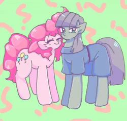 Size: 1285x1217 | Tagged: safe, artist:xp_r6, derpibooru import, maud pie, pinkie pie, earth pony, pony, clothes, eyes closed, female, looking at you, mare, siblings, sisters, smiling