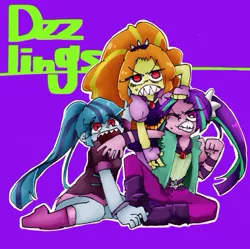 Size: 758x756 | Tagged: safe, artist:xp_r6, derpibooru import, adagio dazzle, aria blaze, sonata dusk, equestria girls, rainbow rocks, angry, boots, clothes, looking at you, miniskirt, one eye closed, open mouth, pants, pigtails, ponytail, red eyes, sharp teeth, shirt, shoes, skirt, teeth, the dazzlings, twintails