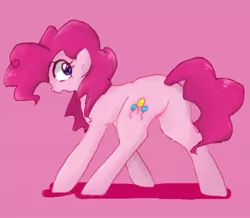 Size: 640x559 | Tagged: safe, artist:xp_r6, derpibooru import, pinkie pie, earth pony, pony, cute, diapinkes, featureless crotch, female, looking back, mare, pink background, pixiv, simple background, solo