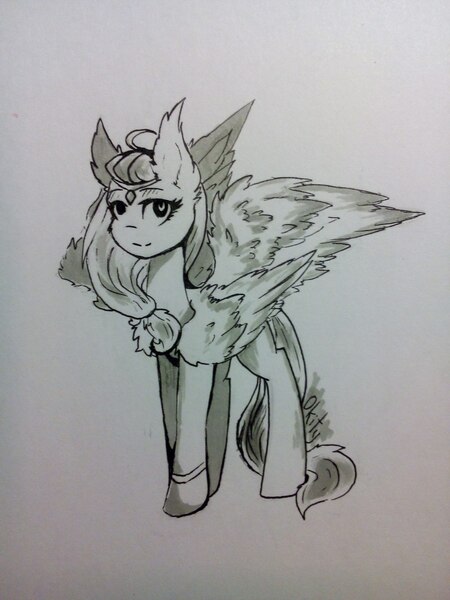 Size: 1224x1632 | Tagged: source needed, safe, artist:okity, derpibooru import, oc, unofficial characters only, pegasus, pony, female, grayscale, jewelry, mare, monochrome, smiling, solo, traditional art, wristband