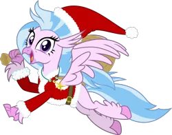 Size: 4368x3425 | Tagged: artist:livehotsun, christmas, classical hippogriff, derpibooru import, female, happy, hat, hippogriff, holiday, looking at you, open mouth, sack, safe, santa hat, season 8, silverstream, simple background, solo, spoiler:s08, transparent background, vector