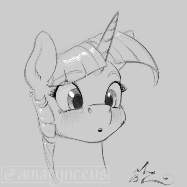 Size: 900x900 | Tagged: safe, artist:amarynceus, deleted from derpibooru, derpibooru import, twilight sparkle, pony, blushing, bust, female, gray background, grayscale, mare, monochrome, portrait, simple background, solo, watermark