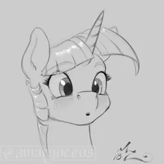 Size: 900x900 | Tagged: safe, artist:amarynceus, deleted from derpibooru, derpibooru import, twilight sparkle, pony, blushing, bust, female, gray background, grayscale, mare, monochrome, portrait, simple background, solo, watermark