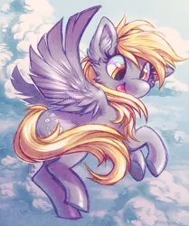 Size: 800x956 | Tagged: safe, artist:ferwildir, derpibooru import, derpy hooves, pegasus, pony, :p, cheek fluff, cloud, cute, derpabetes, ear fluff, female, flying, lightly watermarked, looking at you, mare, silly, sky, solo, spread wings, tongue out, underhoof, watermark, wings