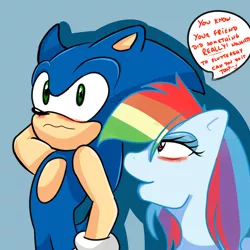 Size: 2000x2000 | Tagged: suggestive, artist:soul-yagami64, derpibooru import, rainbow dash, pony, blushing, crossover, crossover shipping, female, interspecies, male, shipping, simple background, sonic the hedgehog, sonic the hedgehog (series), sonicdash, speech bubble, straight