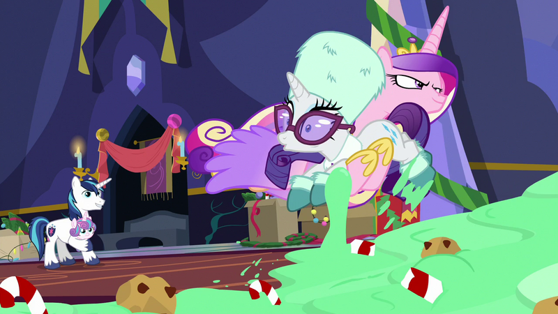 Size: 1280x720 | Tagged: safe, derpibooru import, screencap, princess cadance, princess flurry heart, rarity, shining armor, best gift ever, box, candy, candy cane, food, present, pudding, puddinghead's pudding, twilight's castle