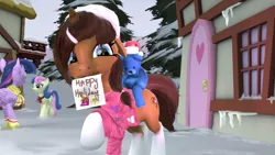 Size: 1024x576 | Tagged: safe, artist:zsnowfilez, derpibooru import, bon bon, sweetie drops, twilight sparkle, twilight sparkle (alicorn), oc, oc:chocolate frostheart, alicorn, pony, 3d, clothes, mouth hold, note, scarf, winter