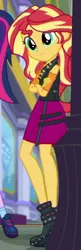 Size: 216x665 | Tagged: safe, derpibooru import, screencap, sci-twi, sunset shimmer, twilight sparkle, equestria girls, equestria girls series, super squad goals, boots, clothes, cropped, crossed arms, jacket, leather vest, legs, offscreen character, shoes