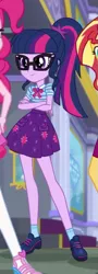 Size: 245x683 | Tagged: safe, derpibooru import, screencap, pinkie pie, sci-twi, sunset shimmer, twilight sparkle, equestria girls, equestria girls series, super squad goals, clothes, cropped, crossed arms, female, geode of telekinesis, glasses, legs, magical geodes, offscreen character, ponytail, shoes, skirt, socks