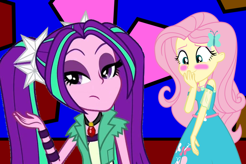 Size: 1875x1250 | Tagged: safe, artist:bigpurplemuppet99, derpibooru import, aria blaze, fluttershy, equestria girls, equestria girls series, rollercoaster of friendship, ariashy, blushing, female, flutterblaze, geode of fauna, lesbian, magical geodes, shipping