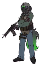 Size: 669x1017 | Tagged: anthro, armor, artist:redxbacon, clothes, cosplay, costume, derpibooru import, gradient mane, gradient tail, gun, helmet, holster, jeans, male, oc, oc:gryph xander, pants, rainbow six siege, rifle, safe, shoes, solo, stallion, weapon