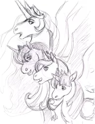 Size: 1240x1615 | Tagged: safe, artist:carnivorouscaribou, derpibooru import, princess cadance, princess celestia, princess luna, twilight sparkle, twilight sparkle (alicorn), alicorn, pony, alicorn tetrarchy, female, hoers, lineart, mare, monochrome, traditional art, you'll play your part